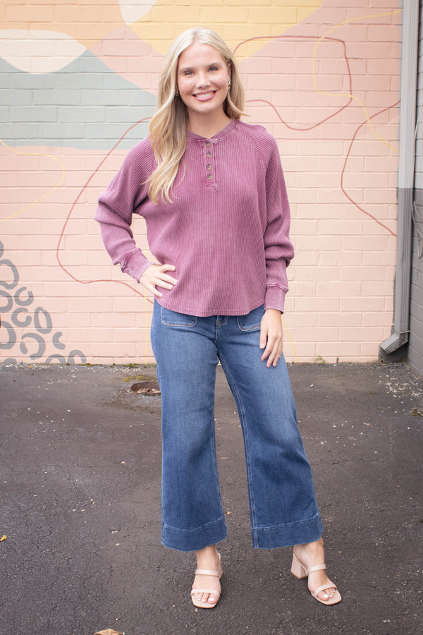 Jordan Knit Henley Top, Dark Cherry
