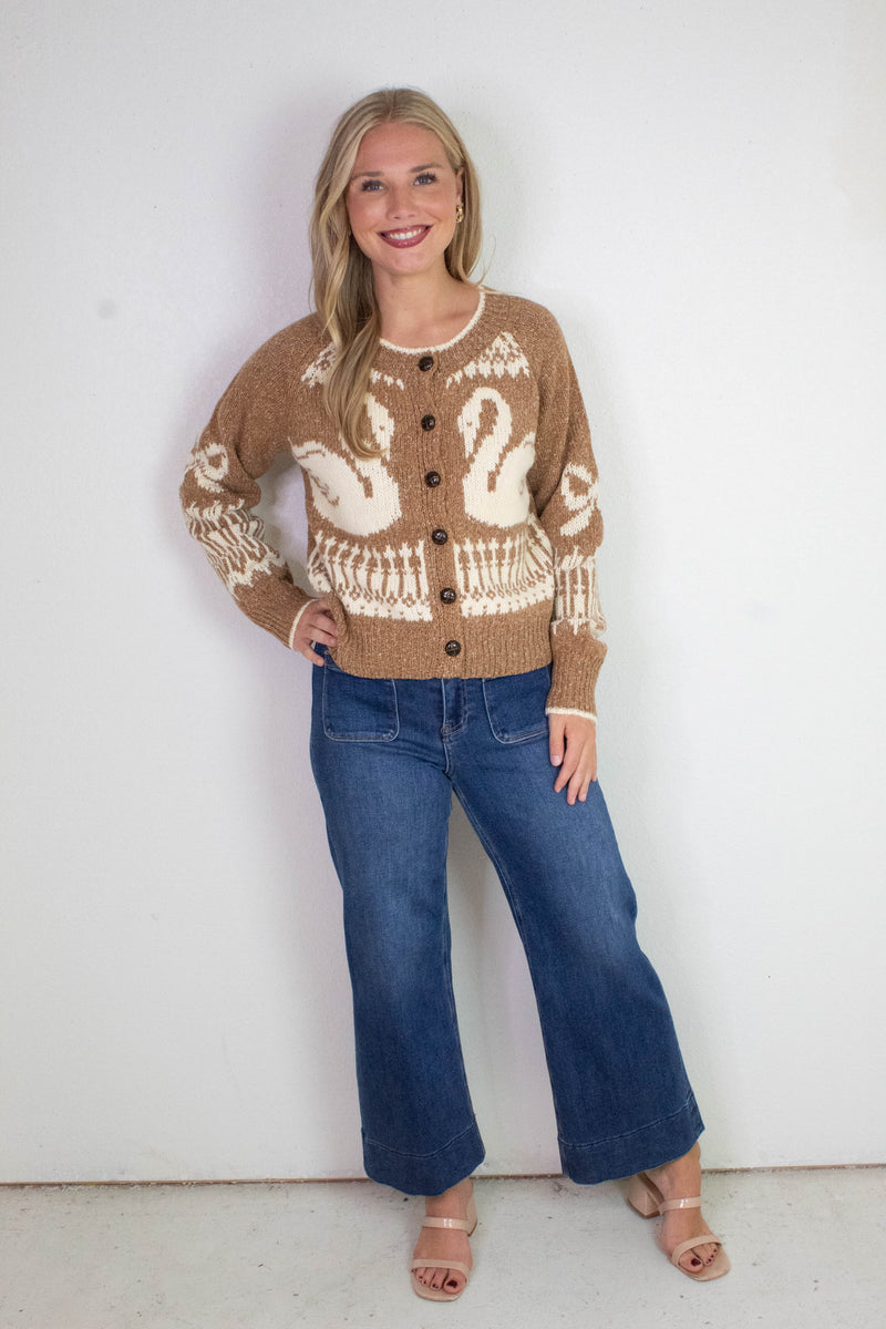 Tali Swan Jacquard Cardigan, Caramel
