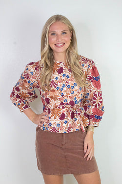 Adele Printed Button Down Blouse, Cream Rust