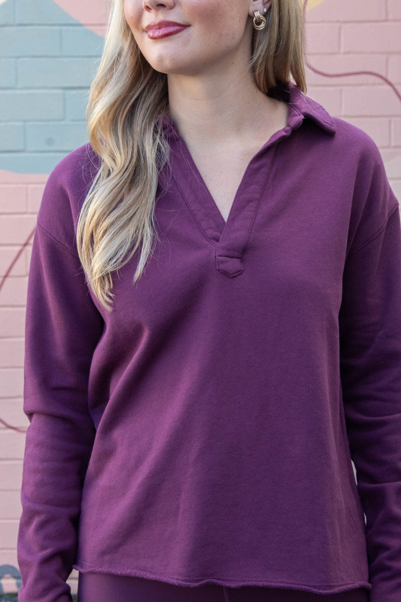 Phoebe Collared Henley Tee, Dark Plum