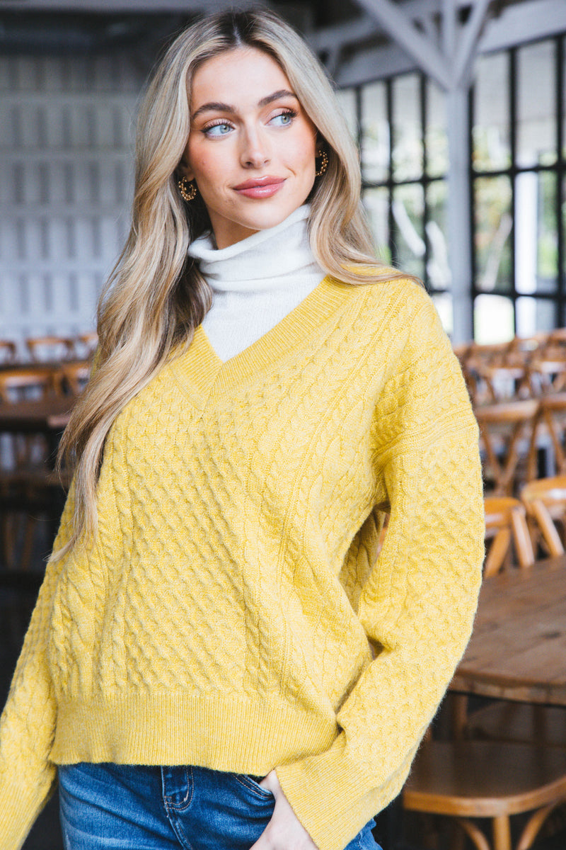 Vida Cable Knit Sweater with Turtleneck, Mustard