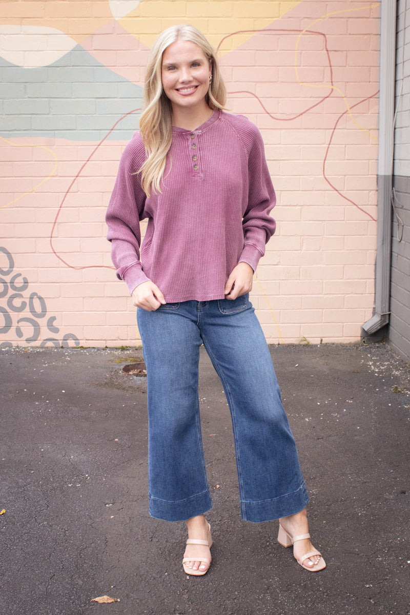 Jordan Knit Henley Top, Dark Cherry