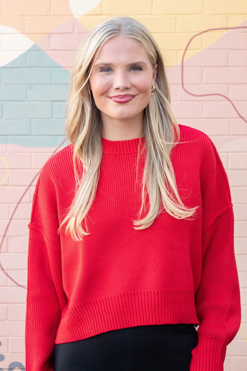 Camila Round Neck Cropped Sweater, Red