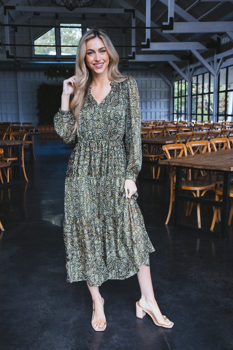 Amaris Paisley Maxi Dress, Olive Mix