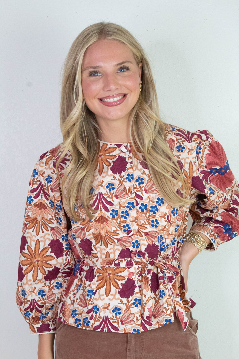 Adele Printed Button Down Blouse, Cream Rust