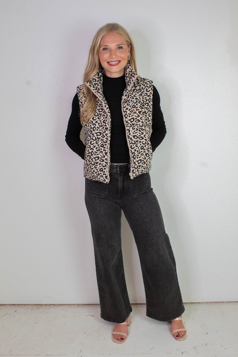 Caroline Leopard Print Puffer Vest, Khaki