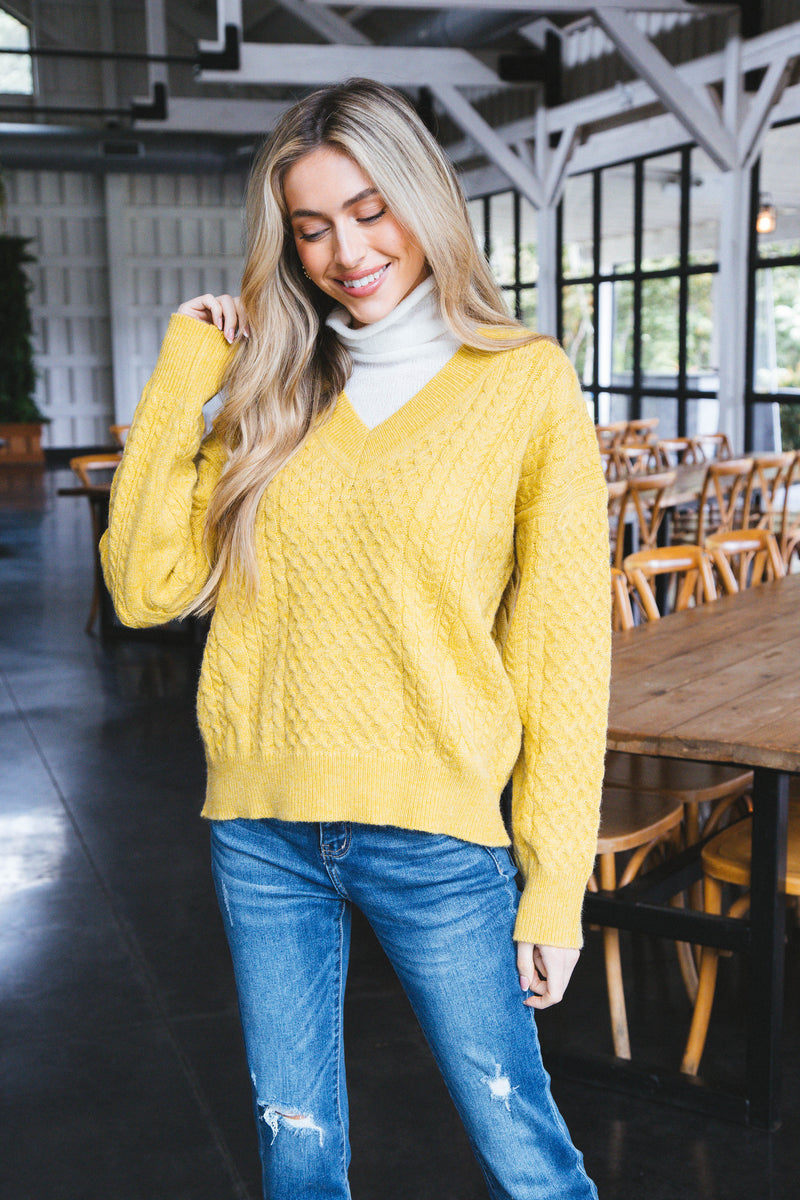 Vida Cable Knit Sweater with Turtleneck, Mustard