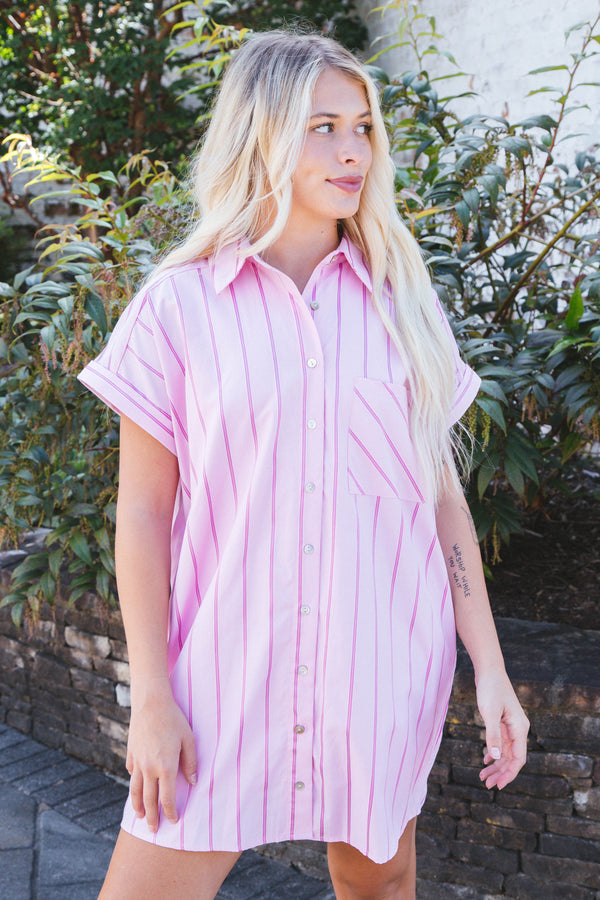 Mallory Striped Button Down Shirt Dress, Pink