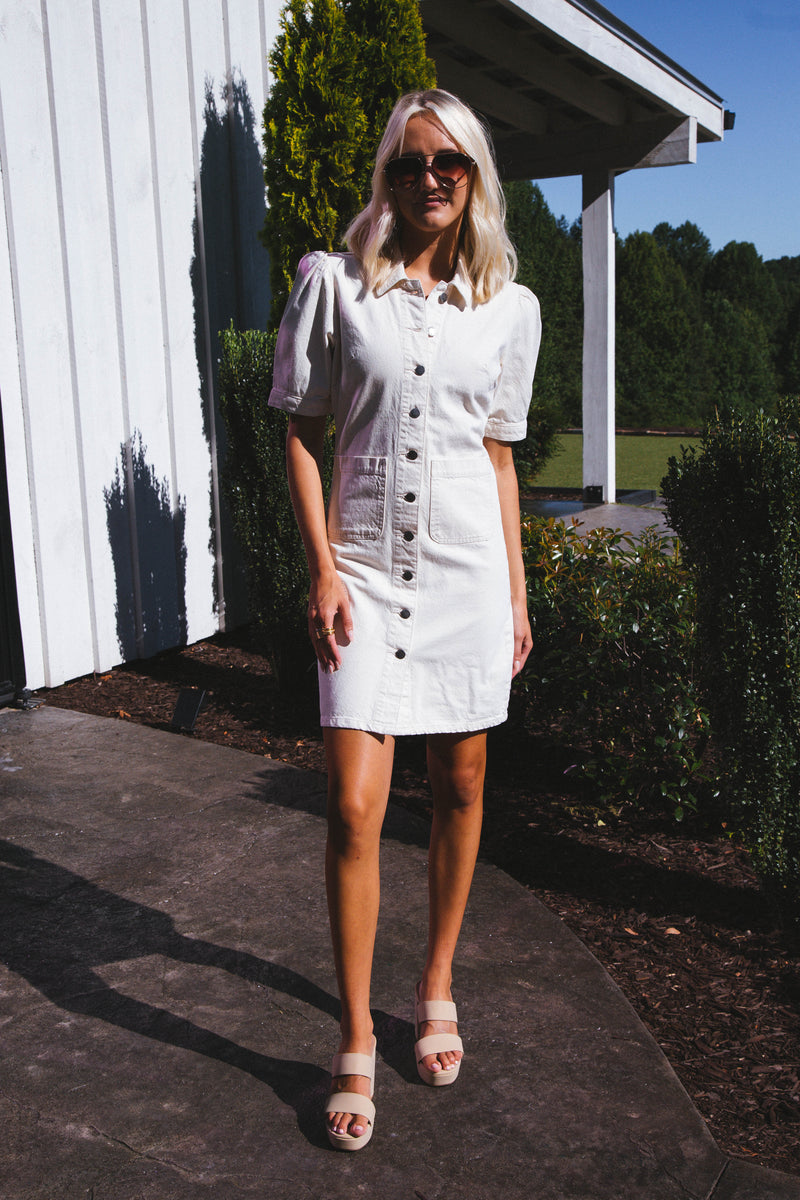 Romina Button Up Denim Dress, Ecru | Velvet Heart