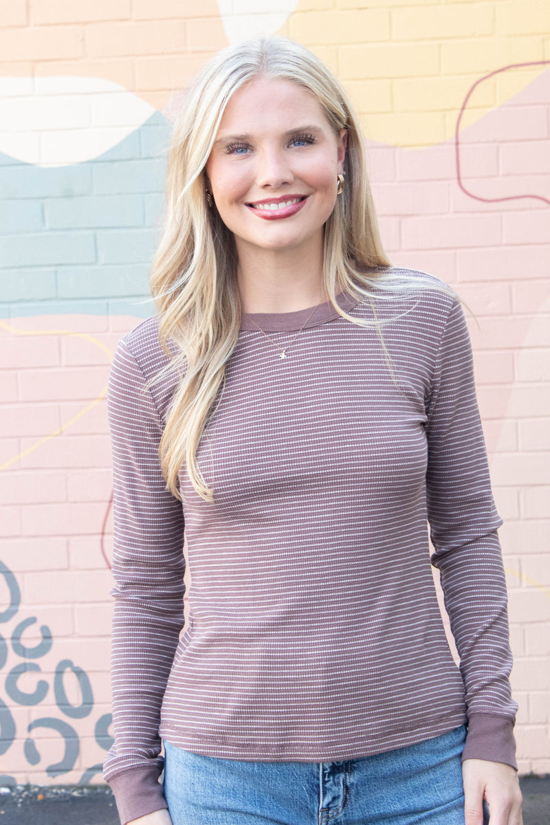Madelyn Stitched Thermal Top, Brown