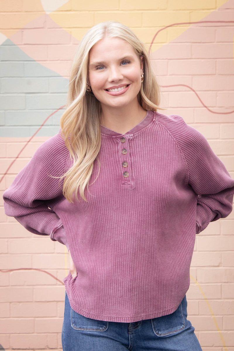 Jordan Knit Henley Top, Dark Cherry