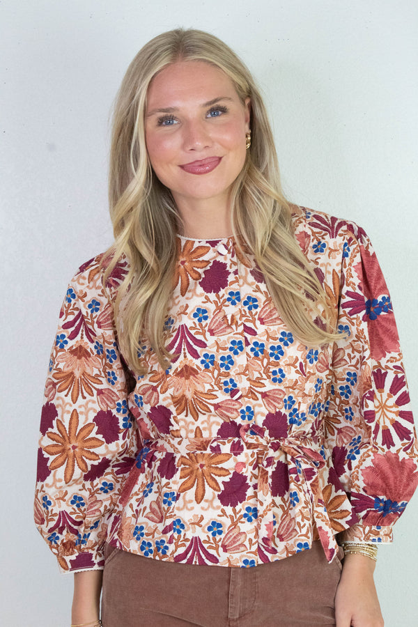 Adele Printed Button Down Blouse, Cream Rust
