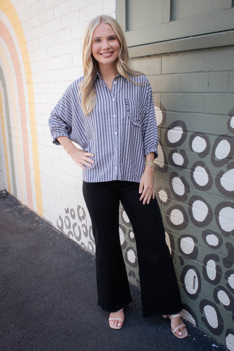 Cressida Striped Button Down Shirt, Black Stripe