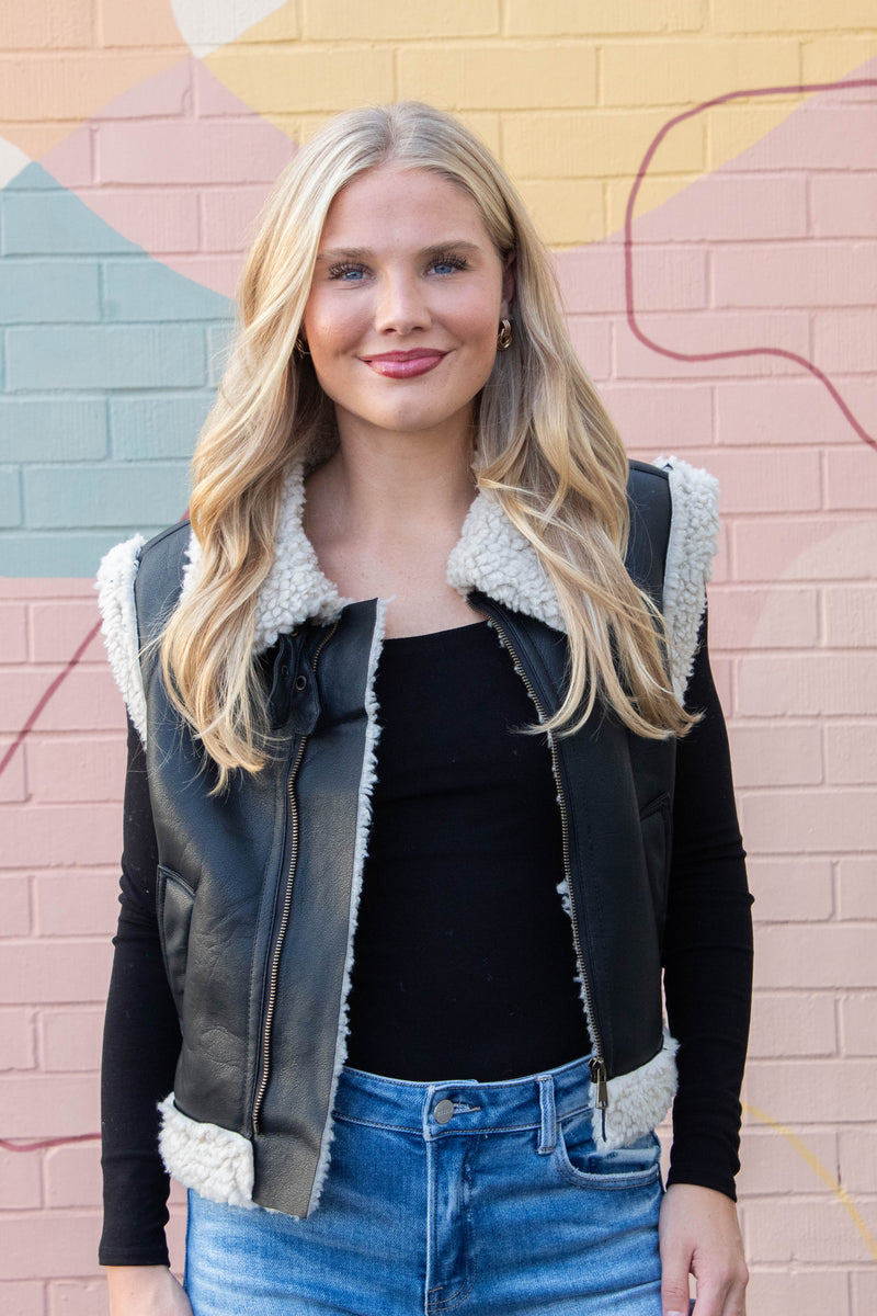 Claire Faux Leather Sherpa Lined Vest, Black
