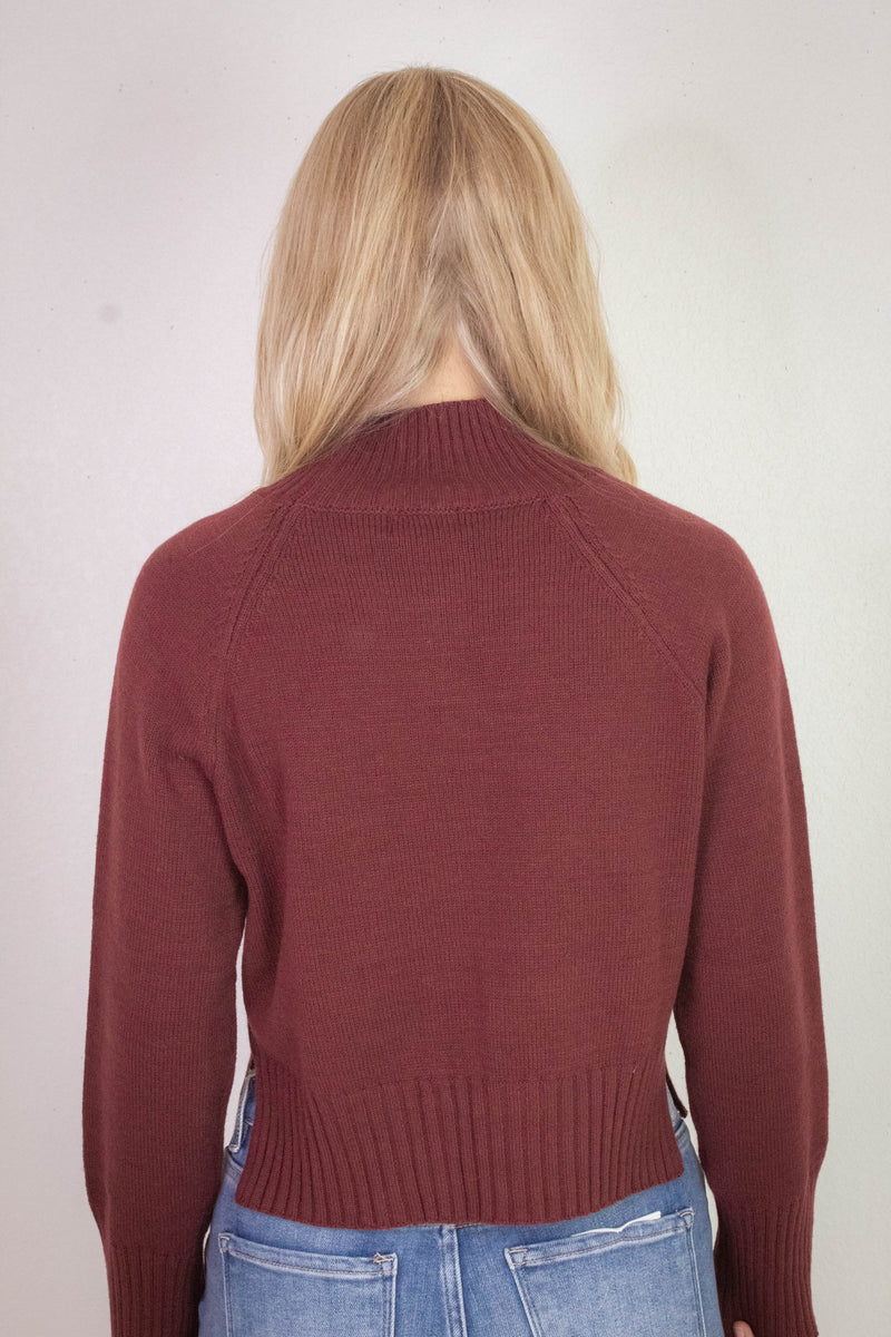 Roxy Mock Neck Rib Detail Sweater, Red Wood