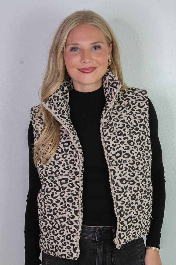 Caroline Leopard Print Puffer Vest, Khaki