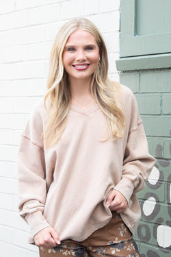 Melody Oversized V-Neck Sweatshirt, Dark Taupe