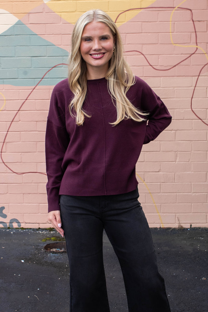 Kenzie Roll Neck Seam Front Sweater, Dark Cherry