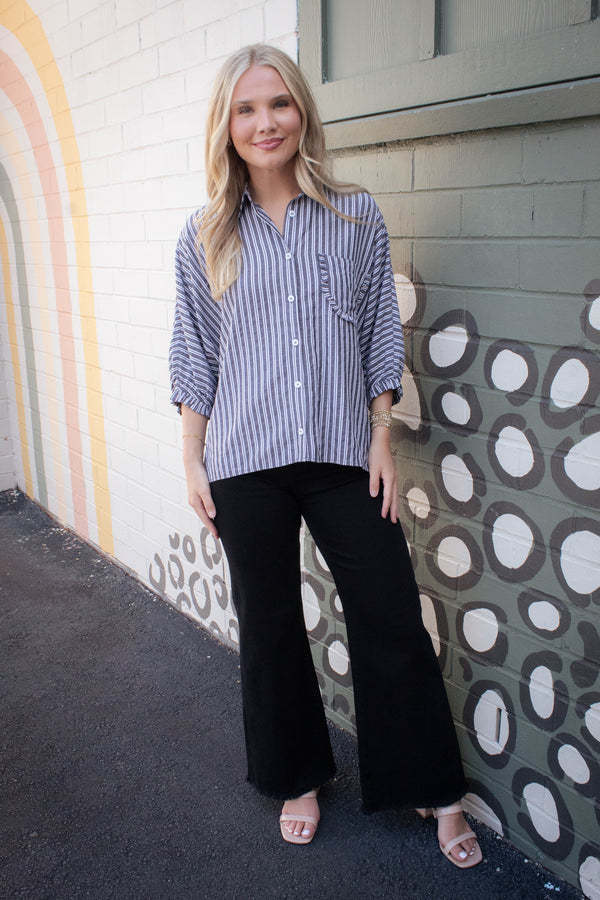Cressida Striped Button Down Shirt, Black Stripe
