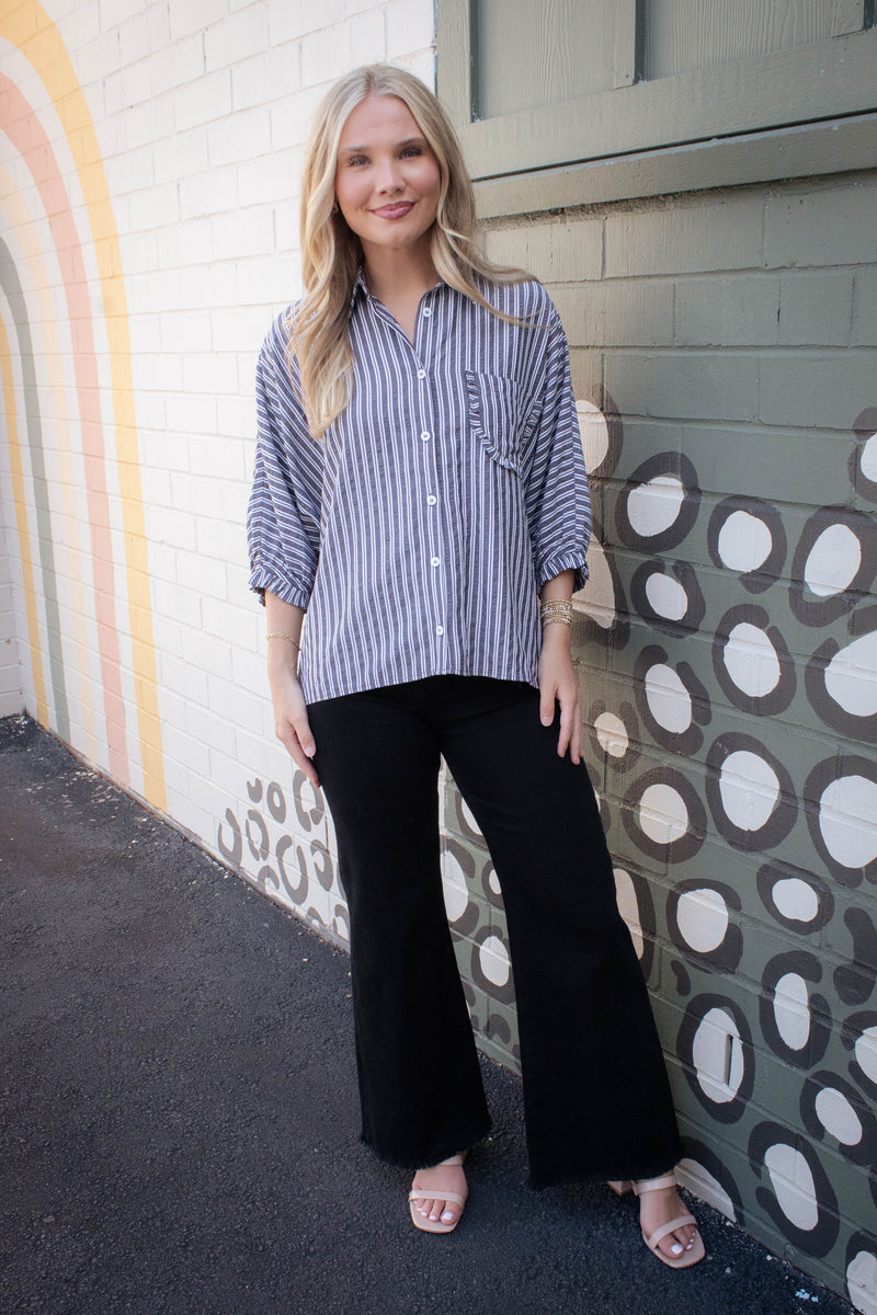 Cressida Striped Button Down Shirt, Black Stripe