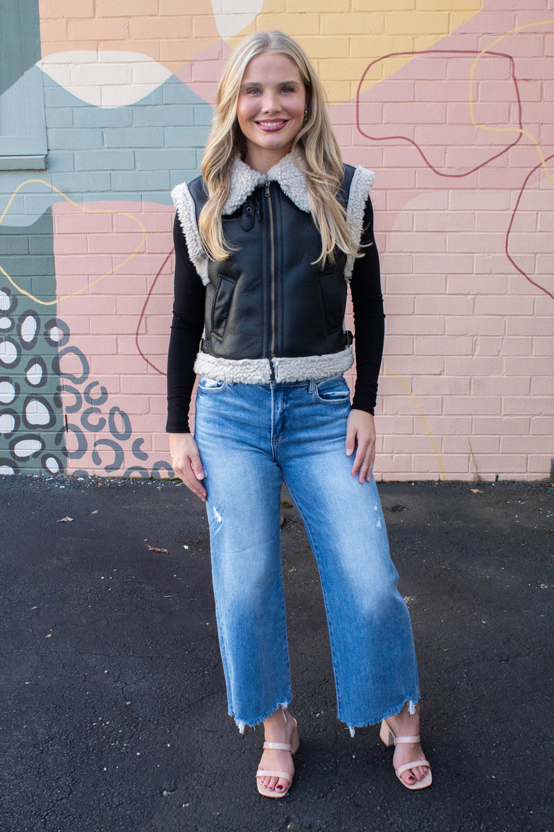 Claire Faux Leather Sherpa Lined Vest, Black
