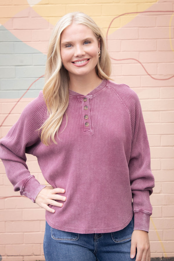 Jordan Knit Henley Top, Dark Cherry