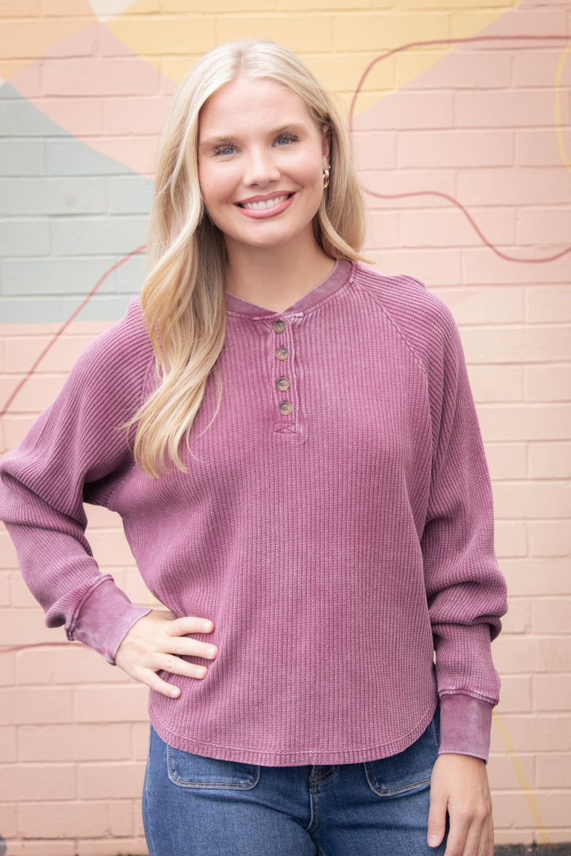 Jordan Knit Henley Top, Dark Cherry