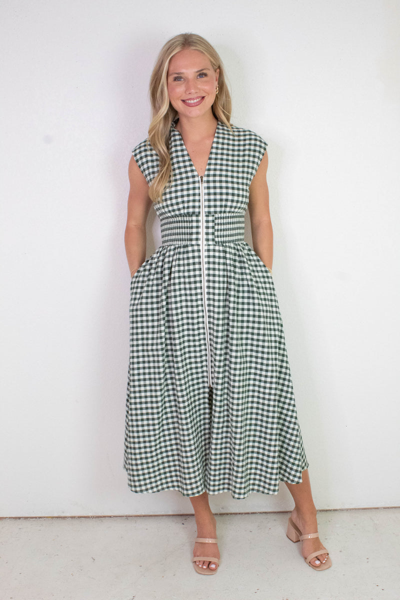 Millie Gingham Print Zip Up Dress, Forest