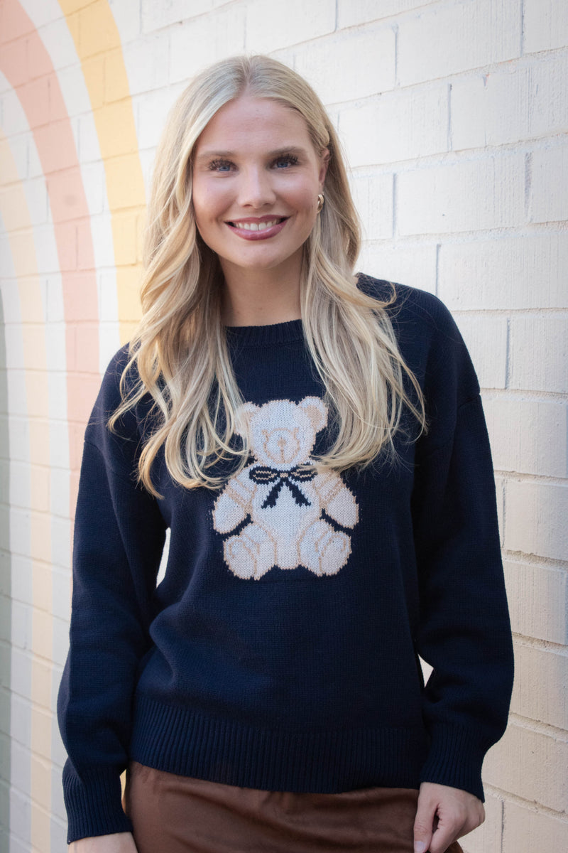 Elle Teddy Bear Graphic Sweater, Navy