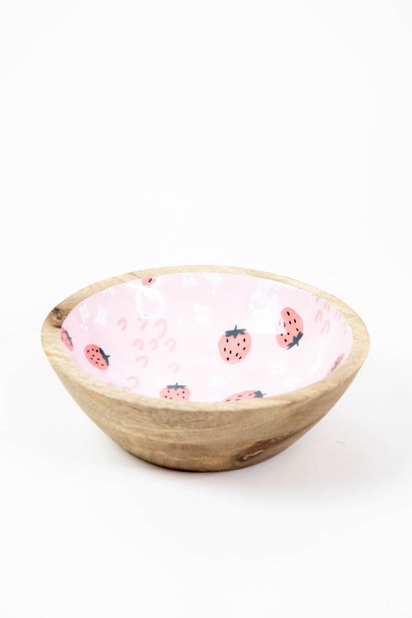 Small Enameled Mango Wood Bowl, Pink