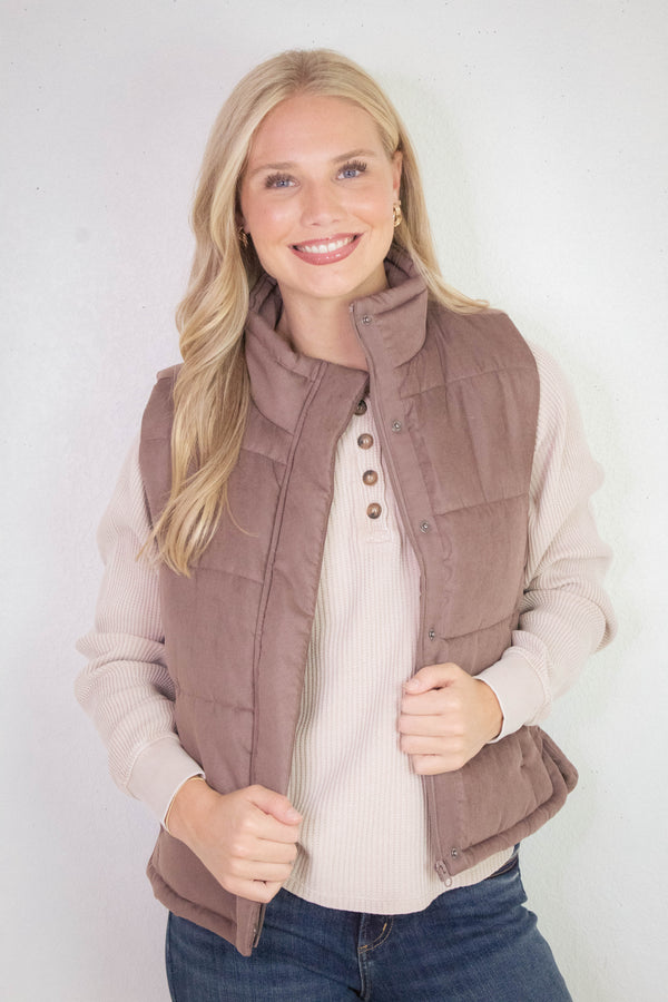 Isabelle Suede Puffer Vest, Cocoa