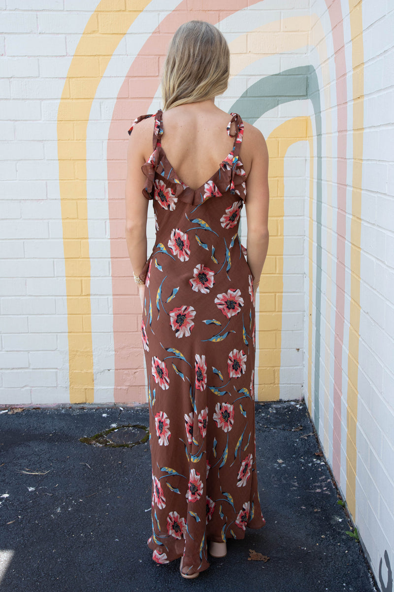 Adalina Floral Ruffled Maxi Dress, Brown | Steve Madden