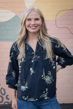 Mila Floral Tie Neck Top, Black