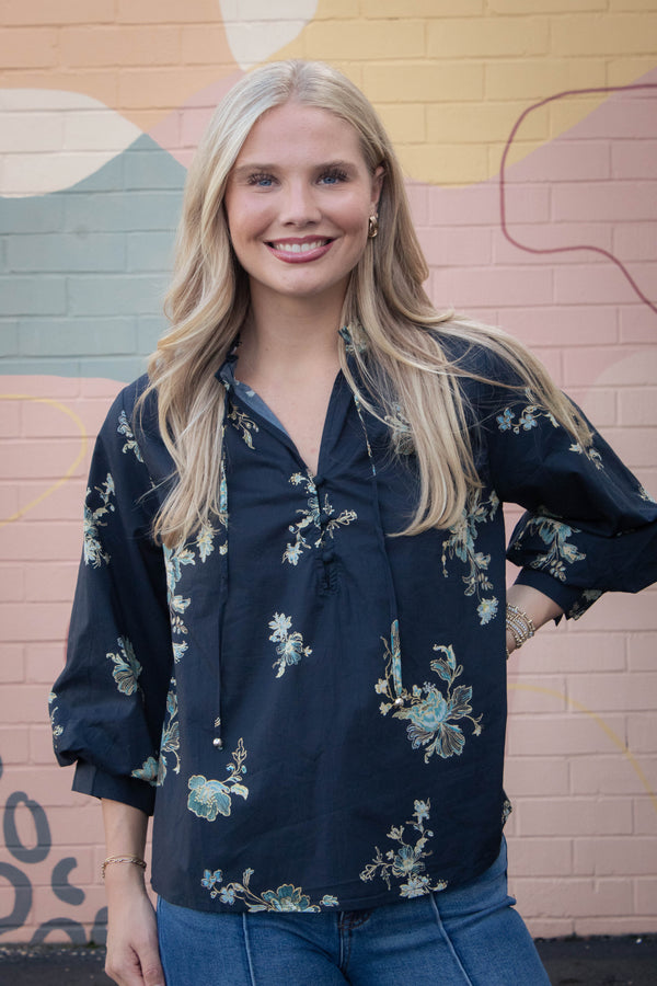 Mila Floral Tie Neck Top, Black