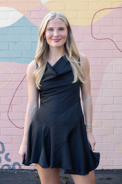 Mackenzie Cowl Neck Satin Dress, Black