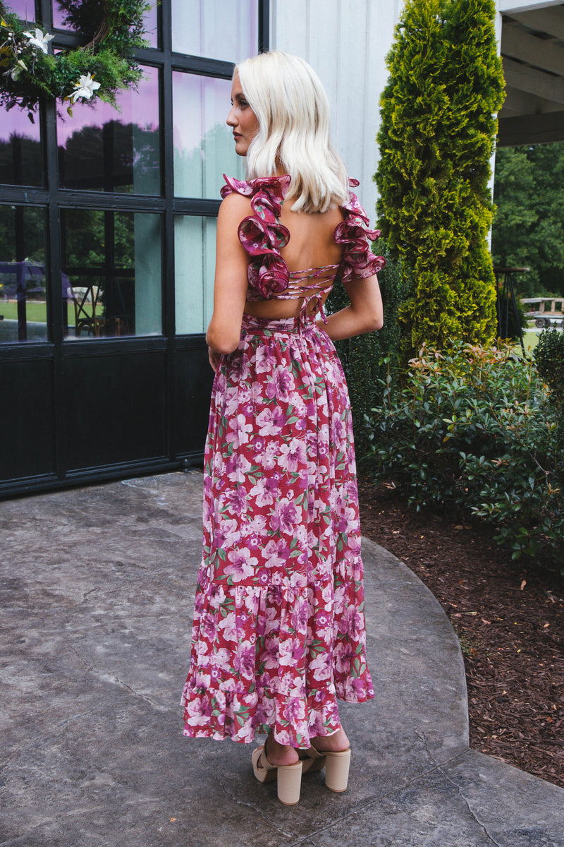 Idalia Lace Up Maxi Dress, Berry Floral