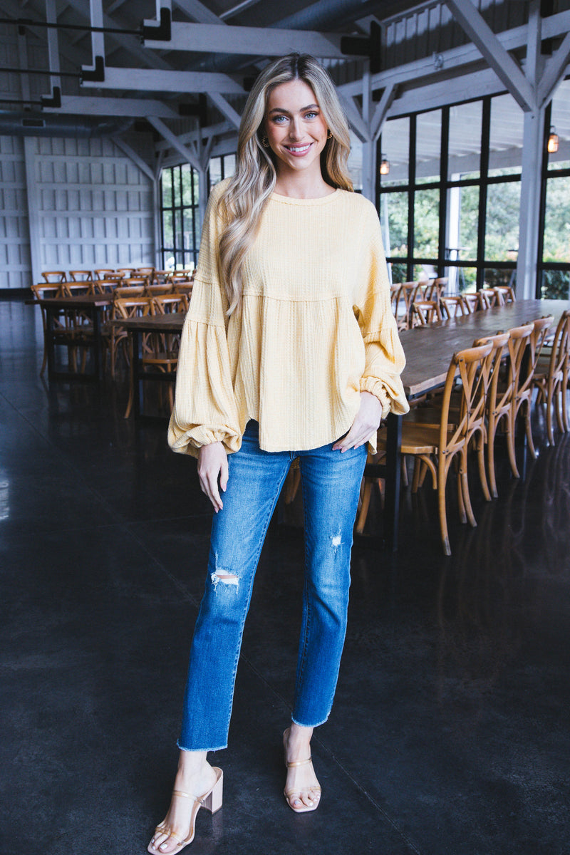Audrey Babydoll Waffle Knit Top, Butter