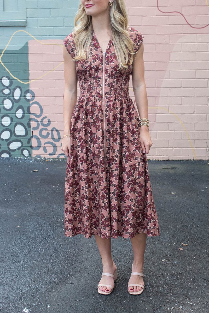 Molly Printed Front Zip Dress, Dusty Rose/Wine