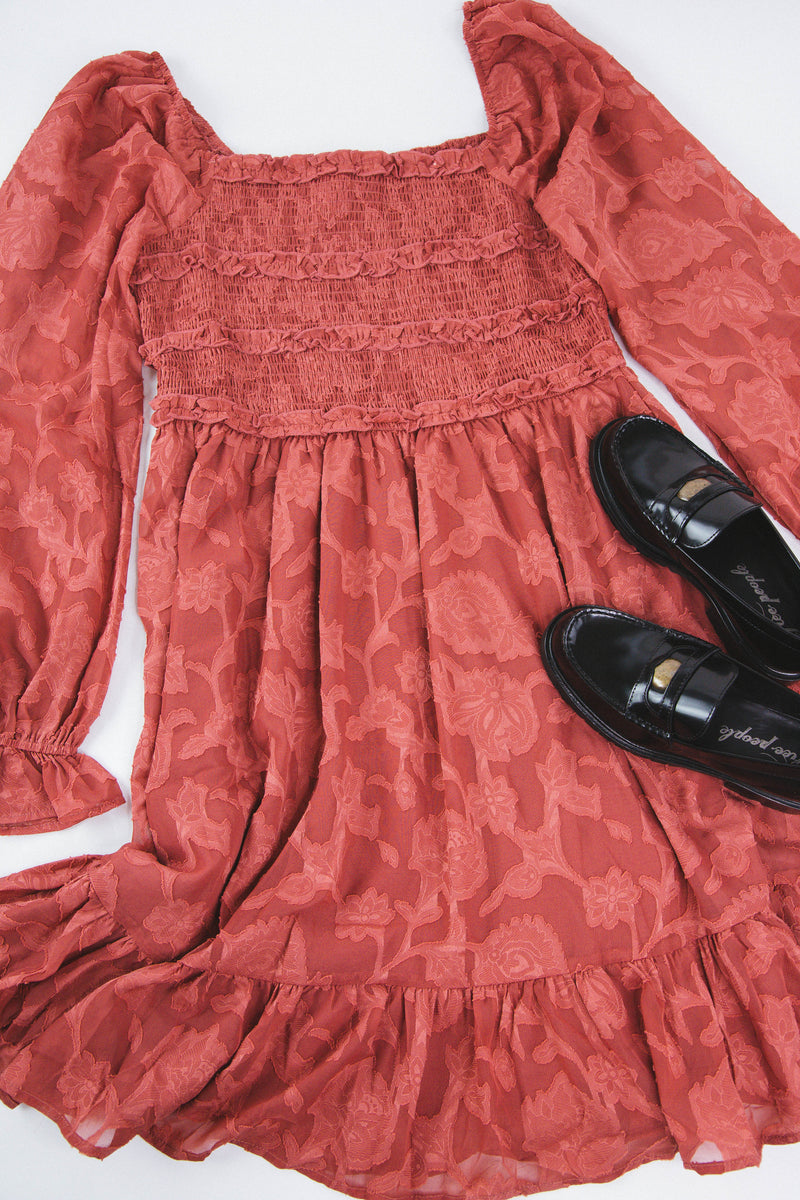Jacquard Square Neck Smocked Bodice Dress, Terra Cotta  | Plus Size