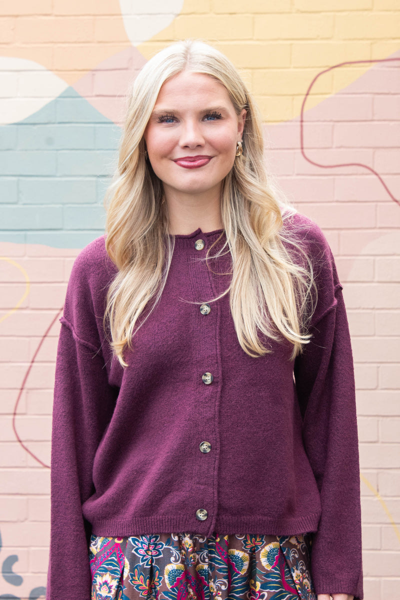 Melina Roll Neck Cardigan, Dark Cherry