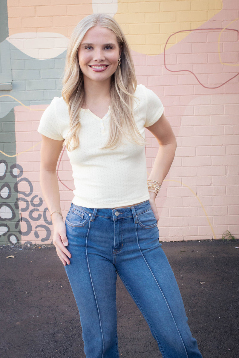 Julia Pointelle Knit Henley Top, Butter