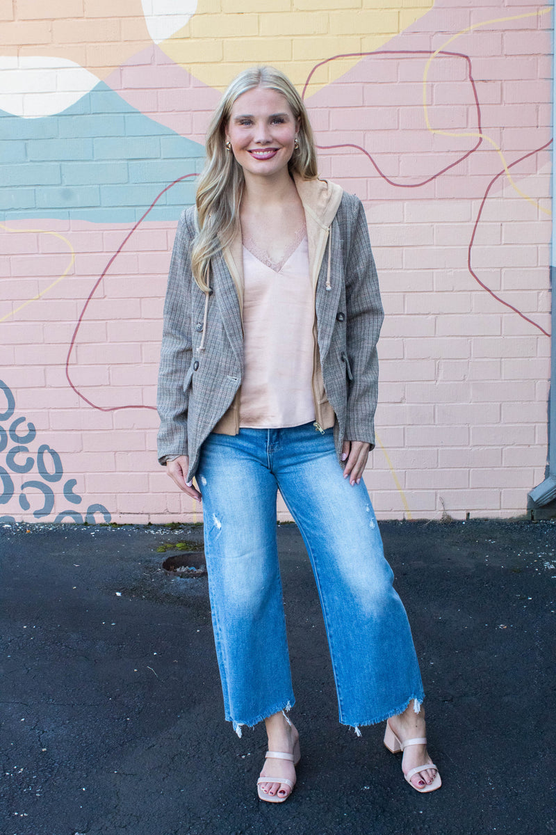 Jovie Herringbone Pattern Hooded Blazer, Tan Combo