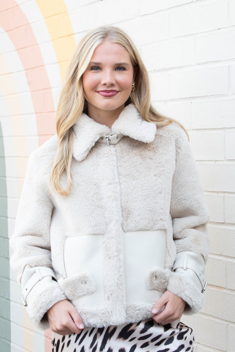 Mink Faux Fur Vegan Leather Jacket, Oat | RD Style