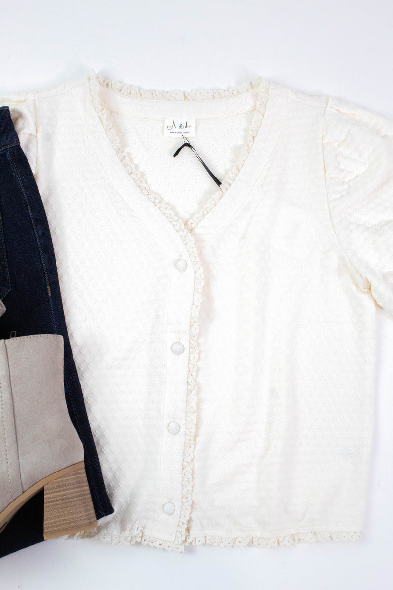 Esther Textured Lace Trim Top, Off White