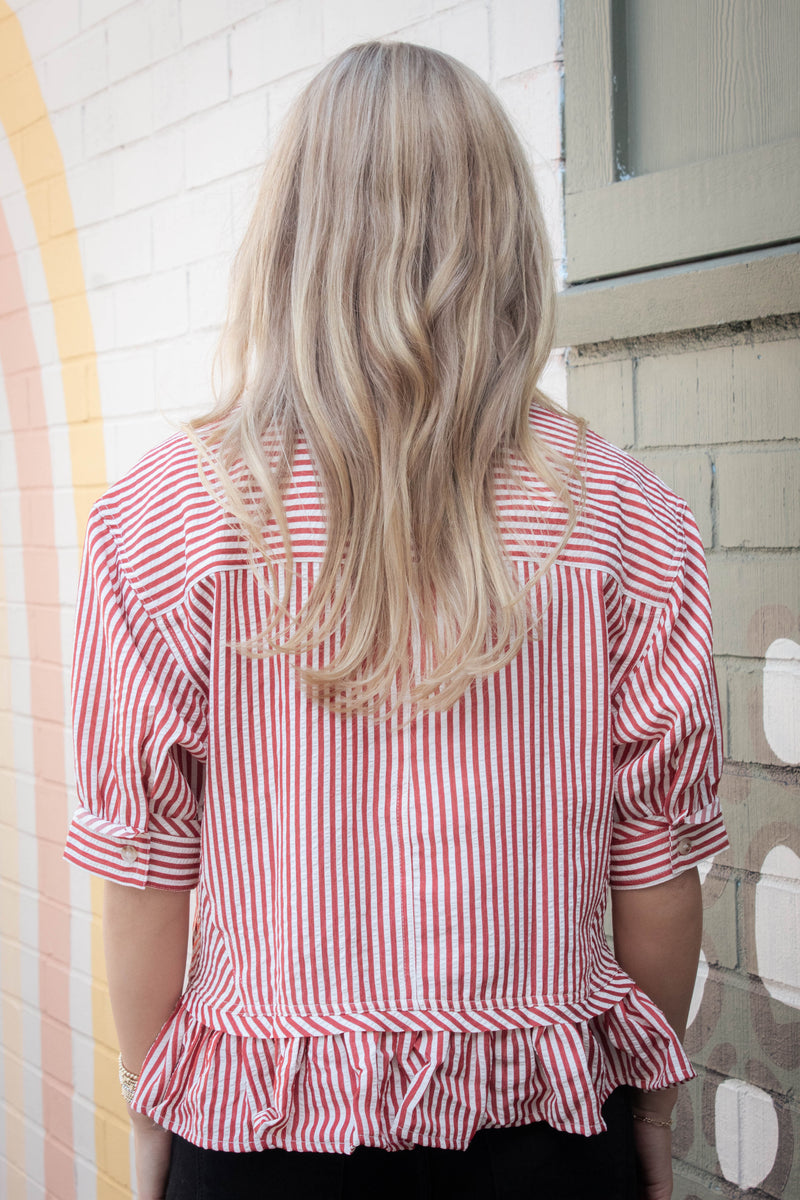 Indie Striped Ruffle Hem Button Up Top, Brick