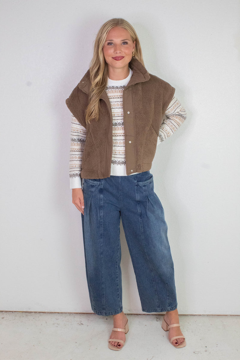 Addison Button Front Faux Fur Vest, Brown