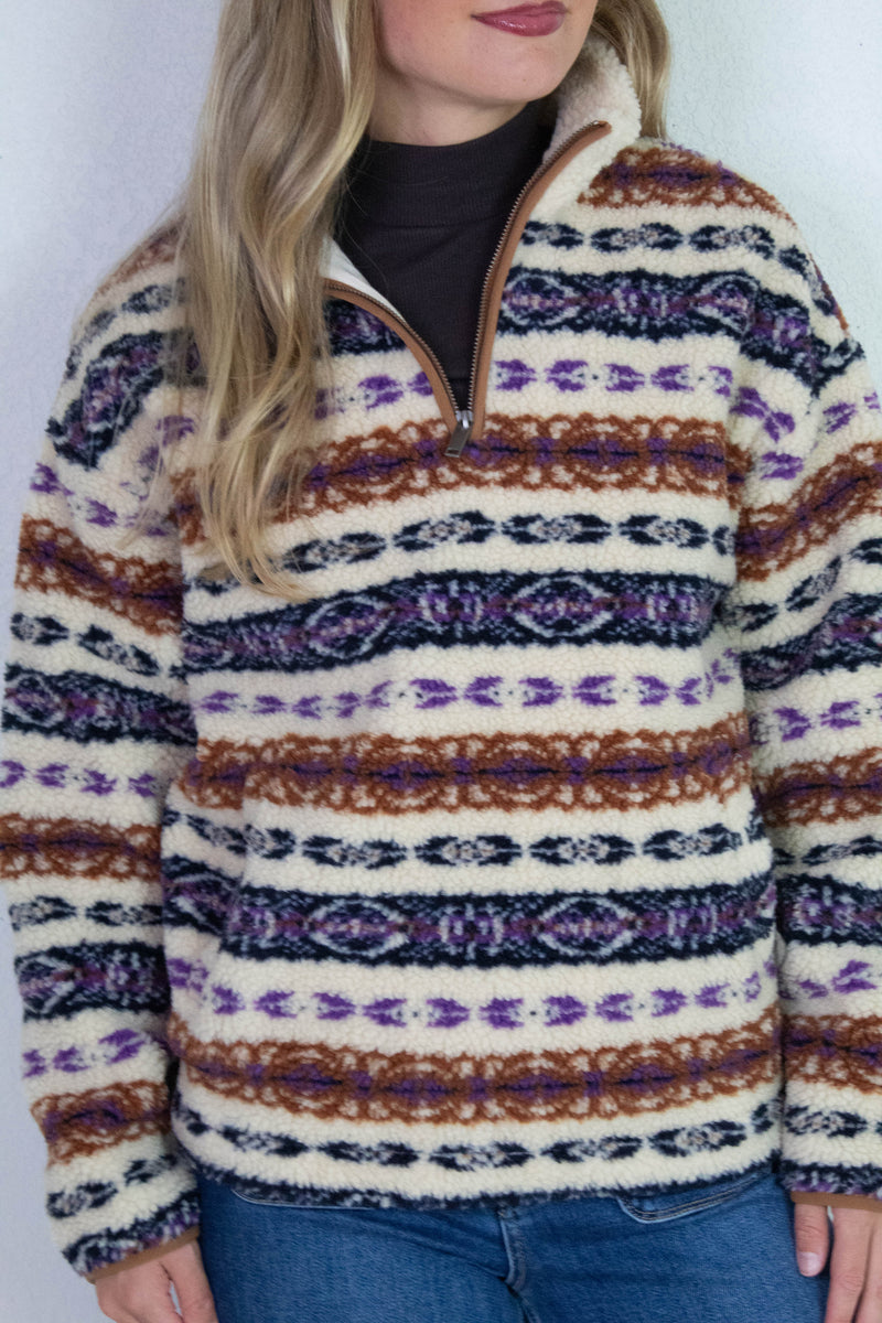 Alpine Sherpa Half Zip Striped Jacket, Tobacco | RD Style