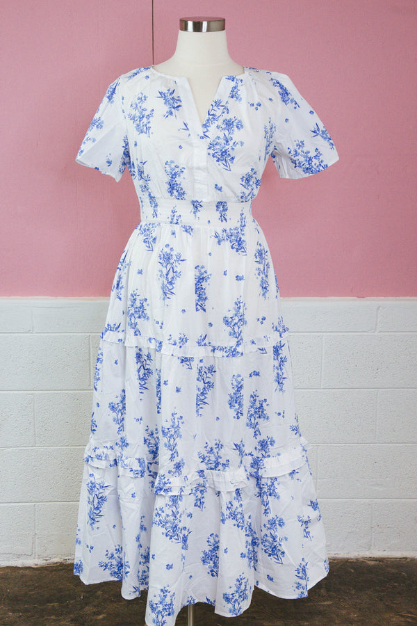 Bella Smock Waist Maxi Dress, Cream/Blue | Plus Size