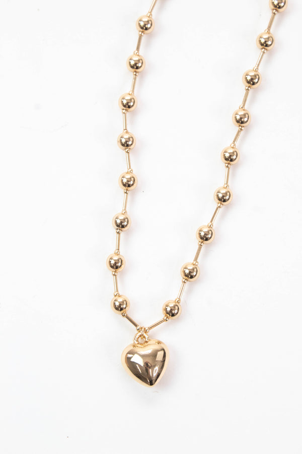Lyla Puffy Heart Beaded Chain Necklace, Gold