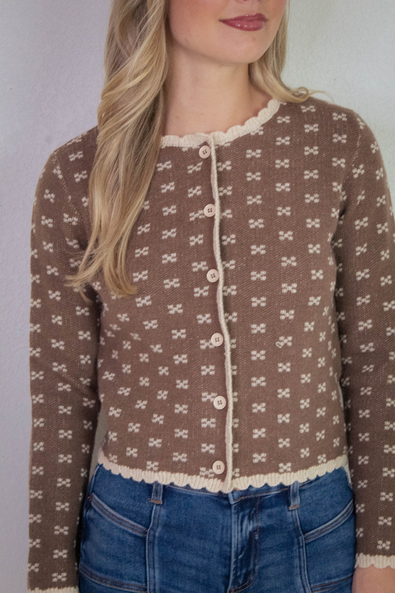 Lia Printed Contrast Scallop Trim Cardigan, Cocoa